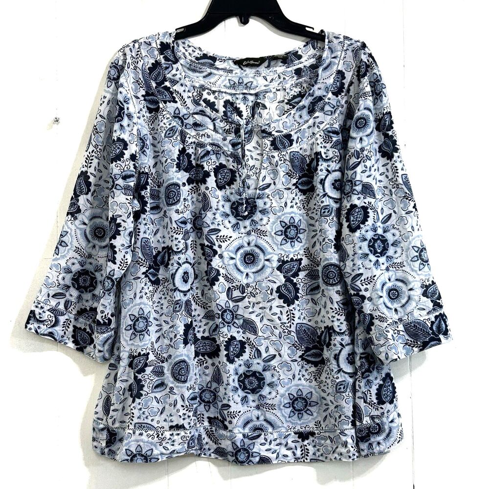 Eddie Bauer Women's Blue White Paisley Floral Tunic Blouse Size XXL Lightweight
